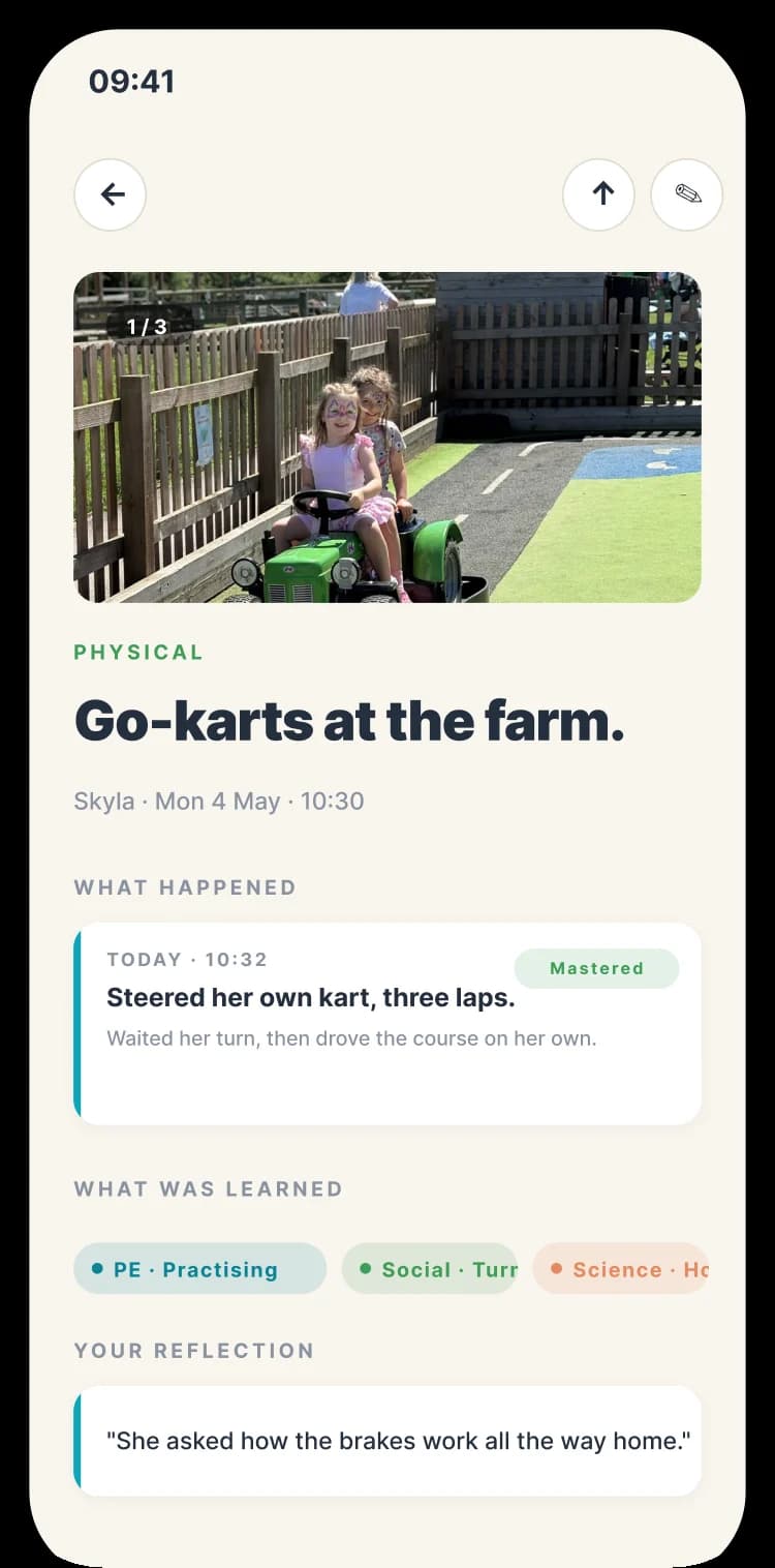 A logged moment with the learning tagged by subject