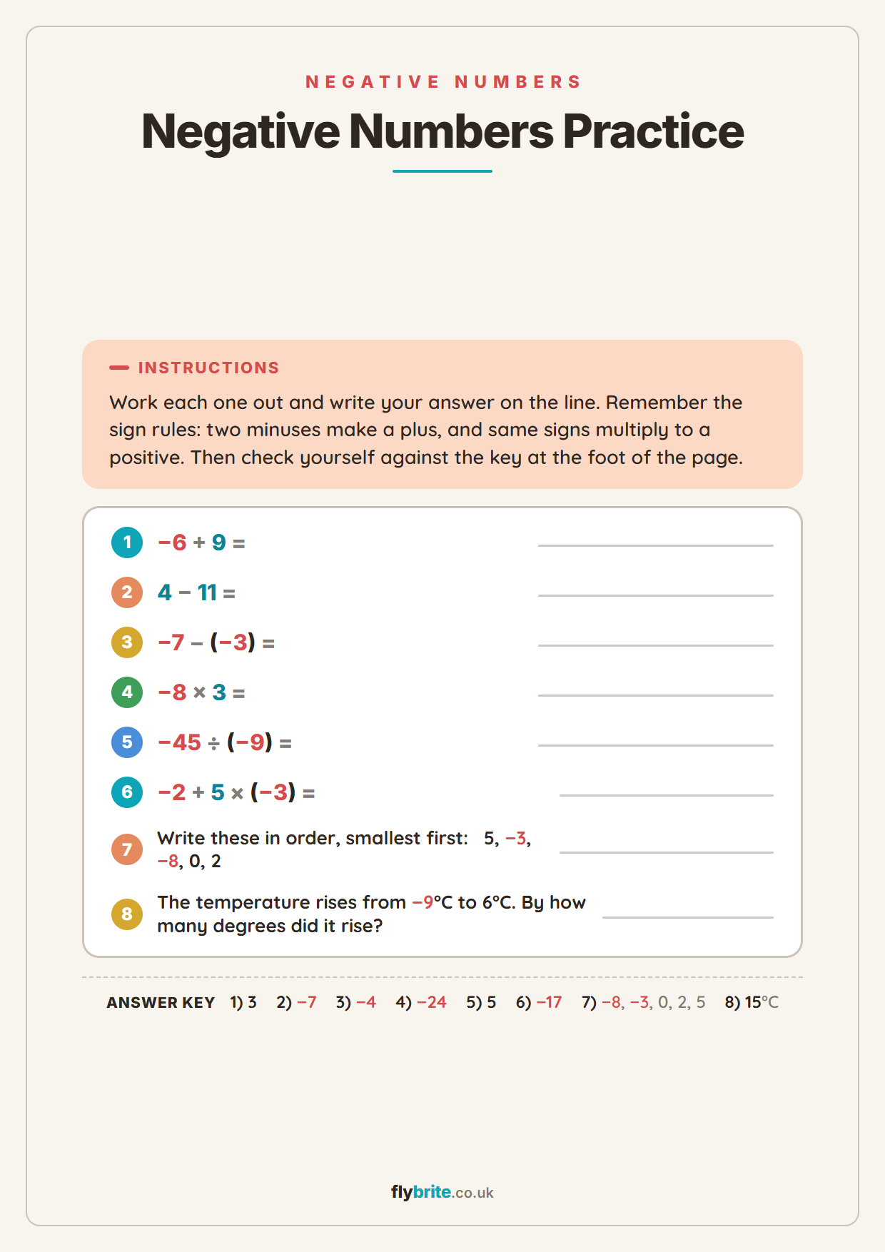 Negative Numbers Practice printable preview