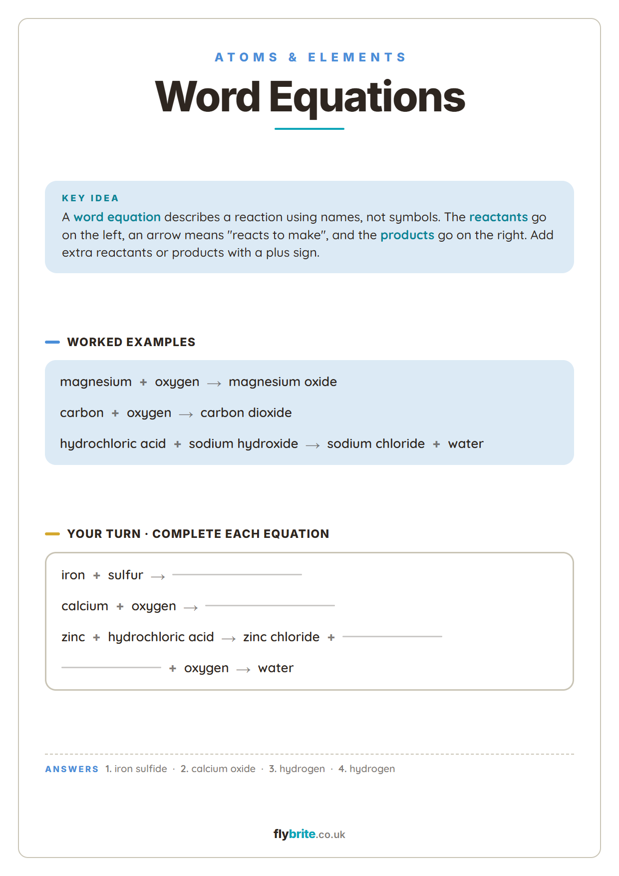 Word Equations printable preview