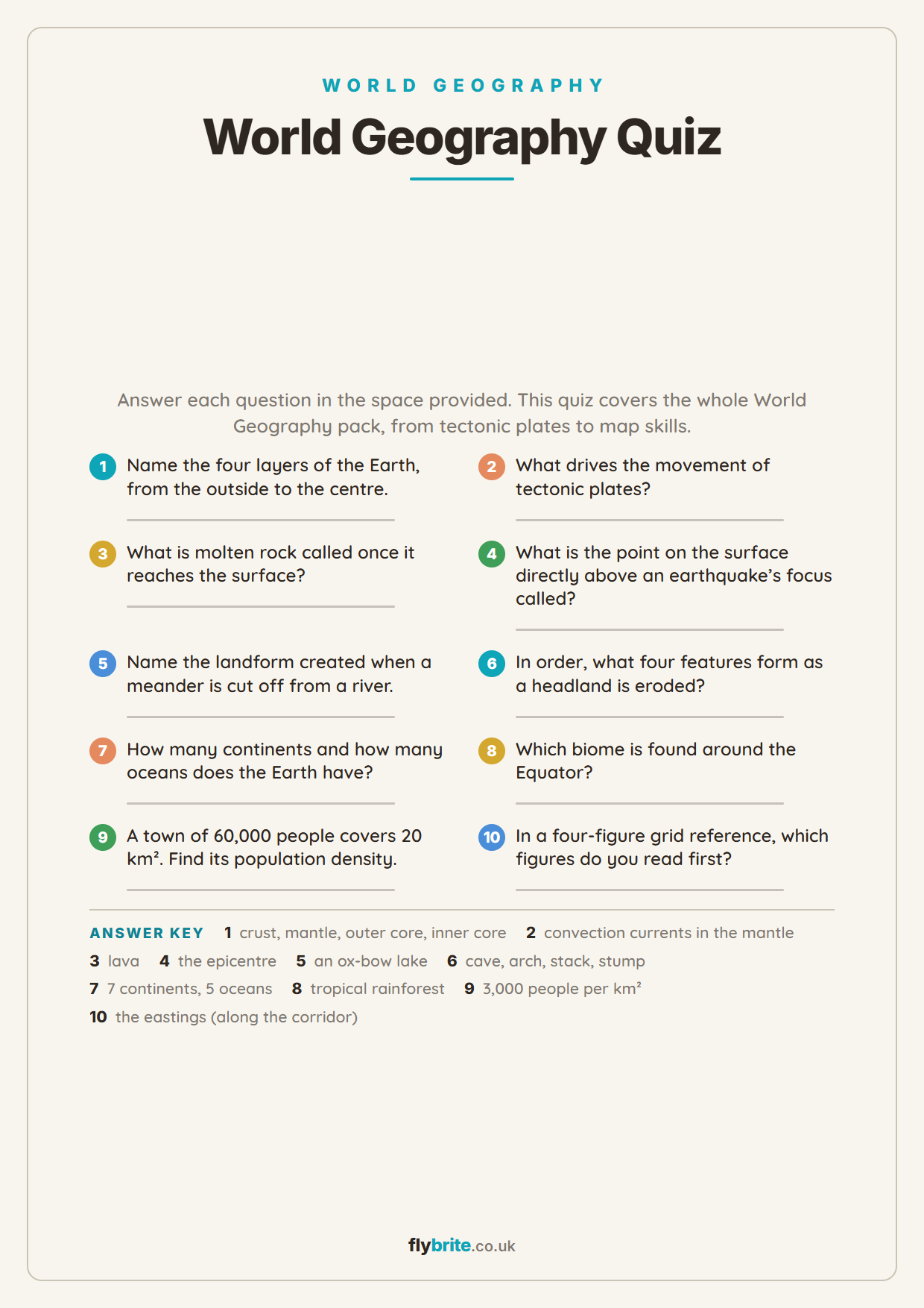 World Geography Quiz printable preview