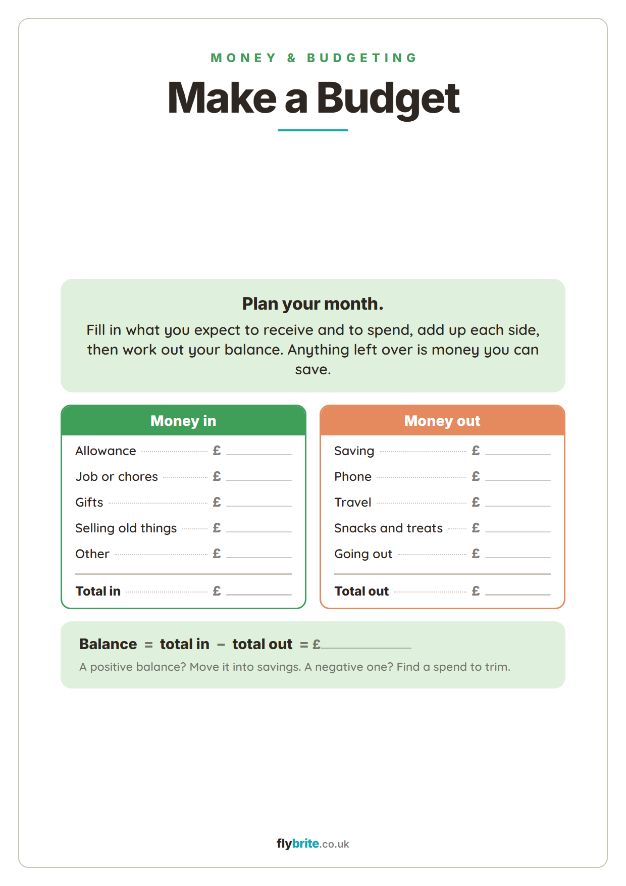Make a Budget printable preview