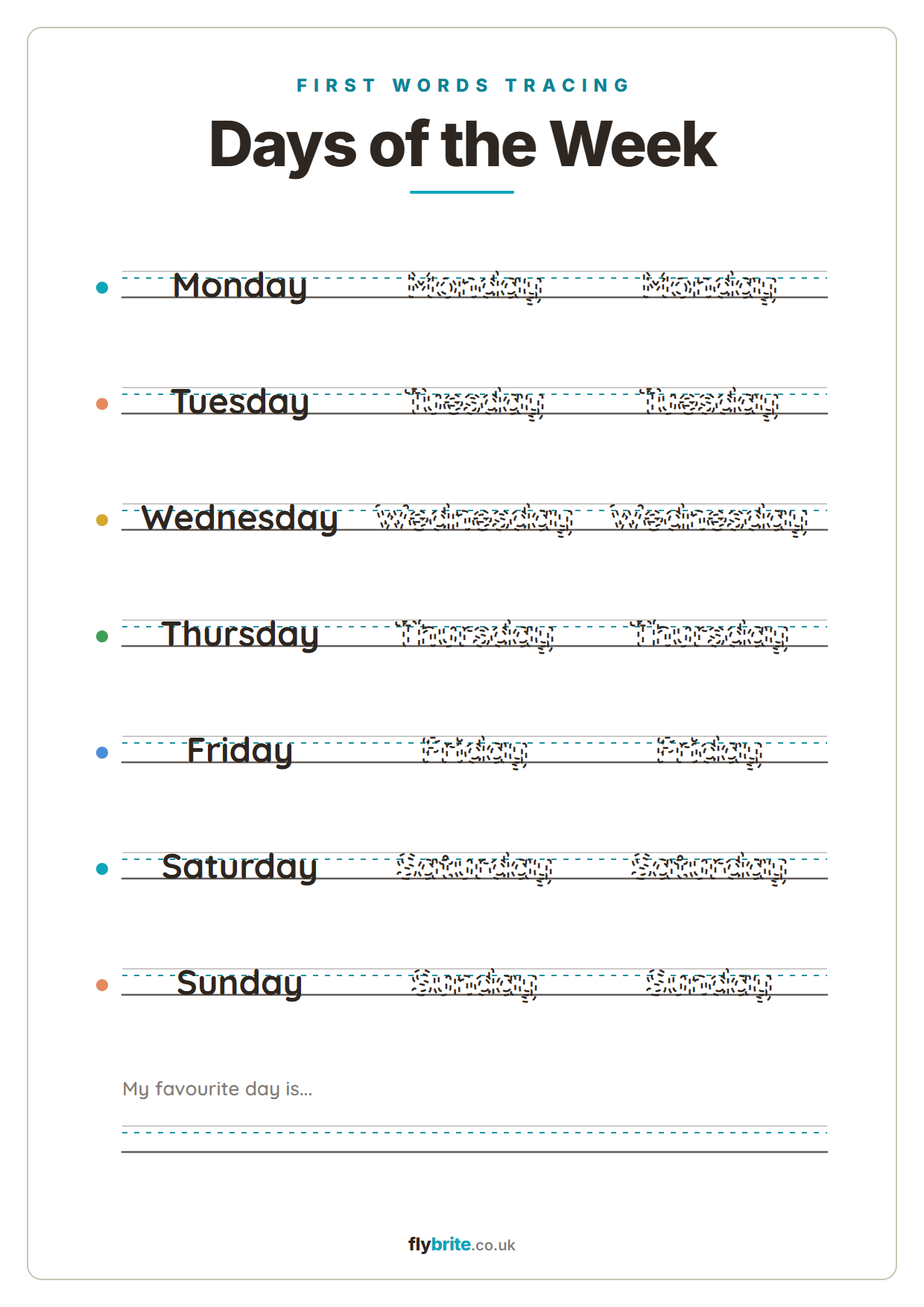 Days of the Week printable preview