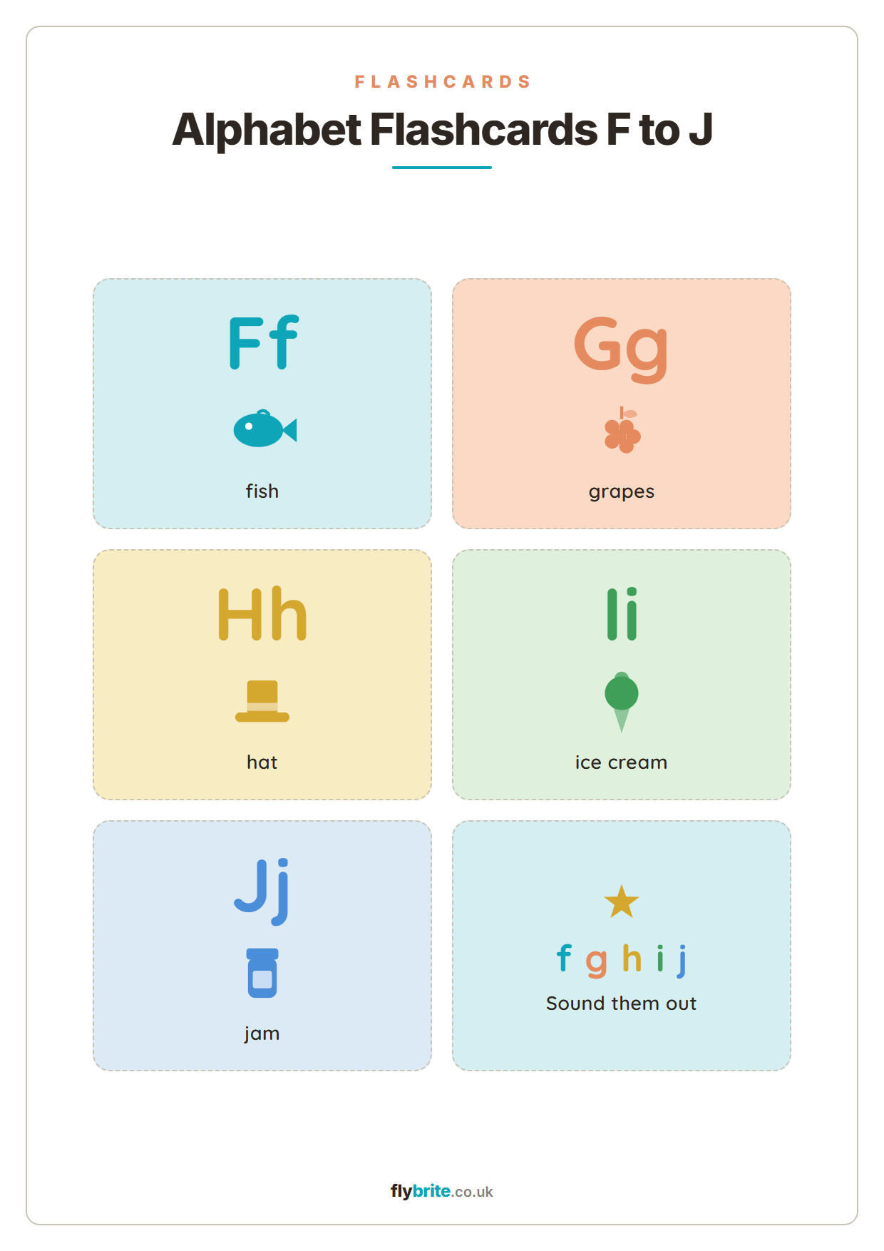 Alphabet Flashcards F to J printable preview