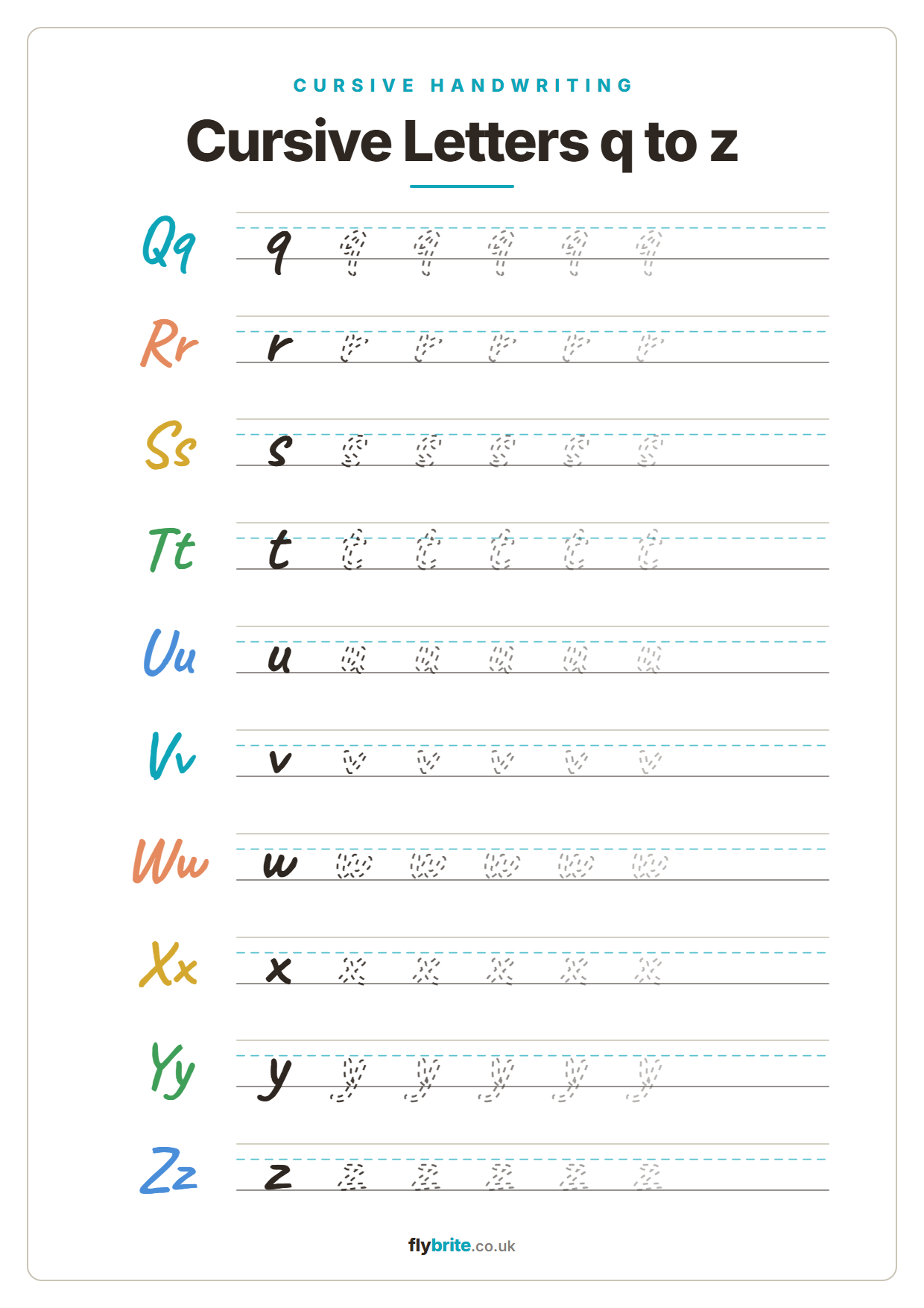 Cursive Letters q to z printable preview