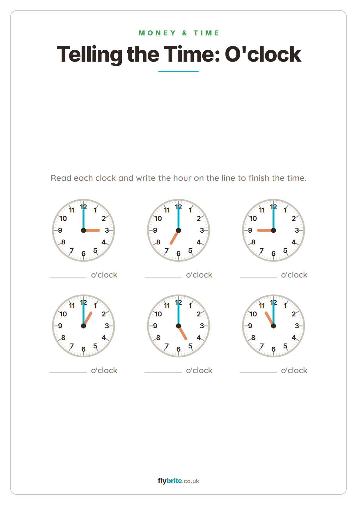 Telling the Time: O'clock printable preview