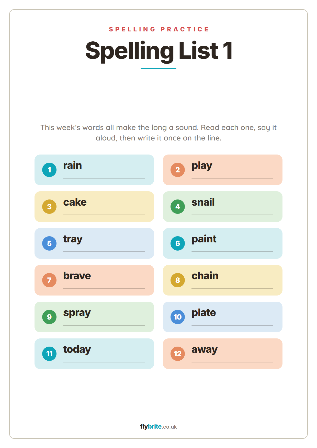 Spelling List 1 printable preview