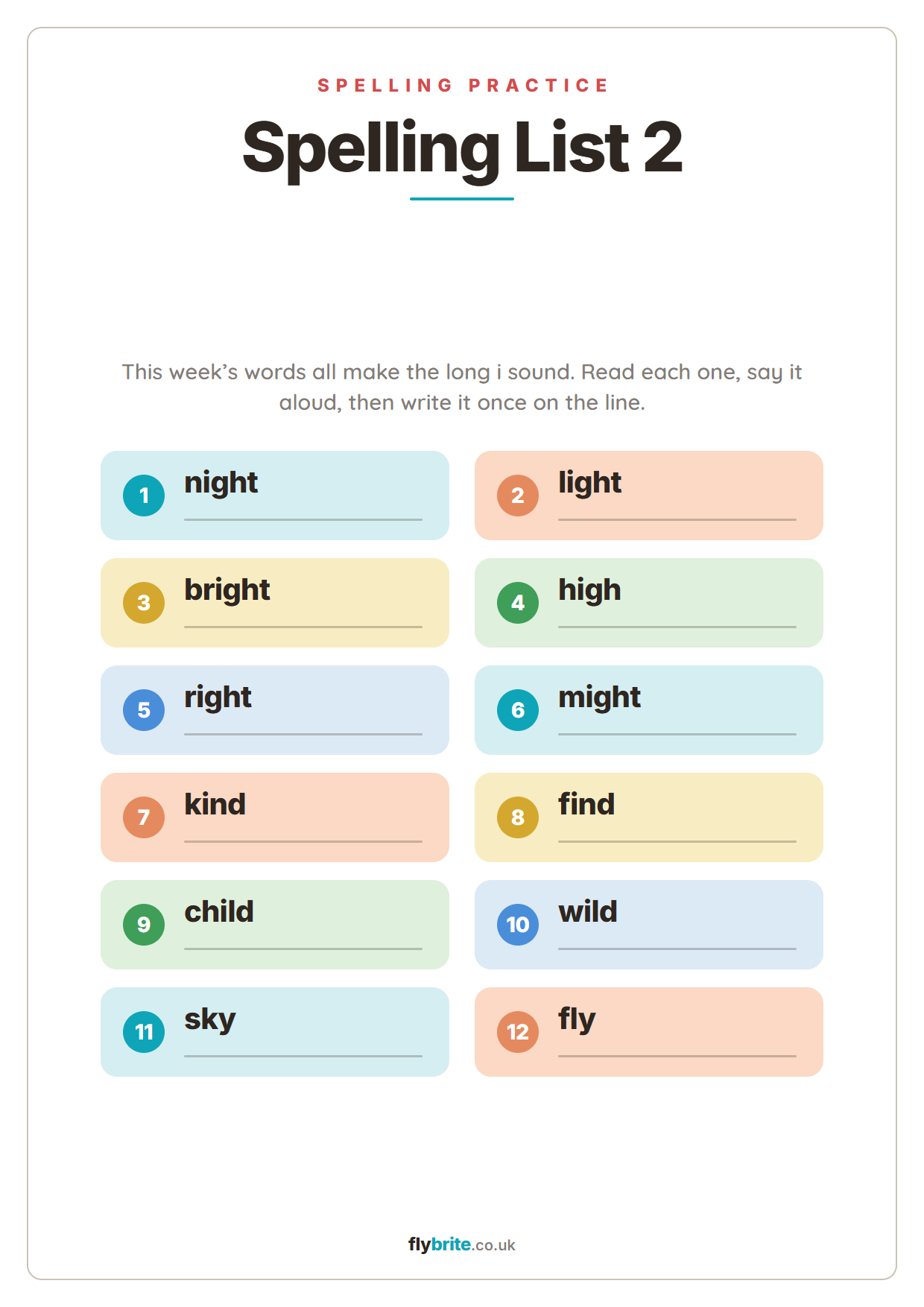 Spelling List 2 printable preview
