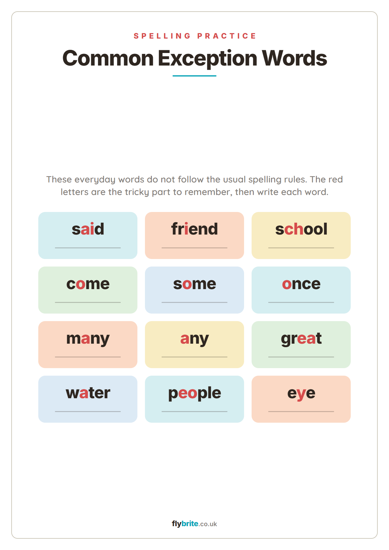 Common Exception Words printable preview