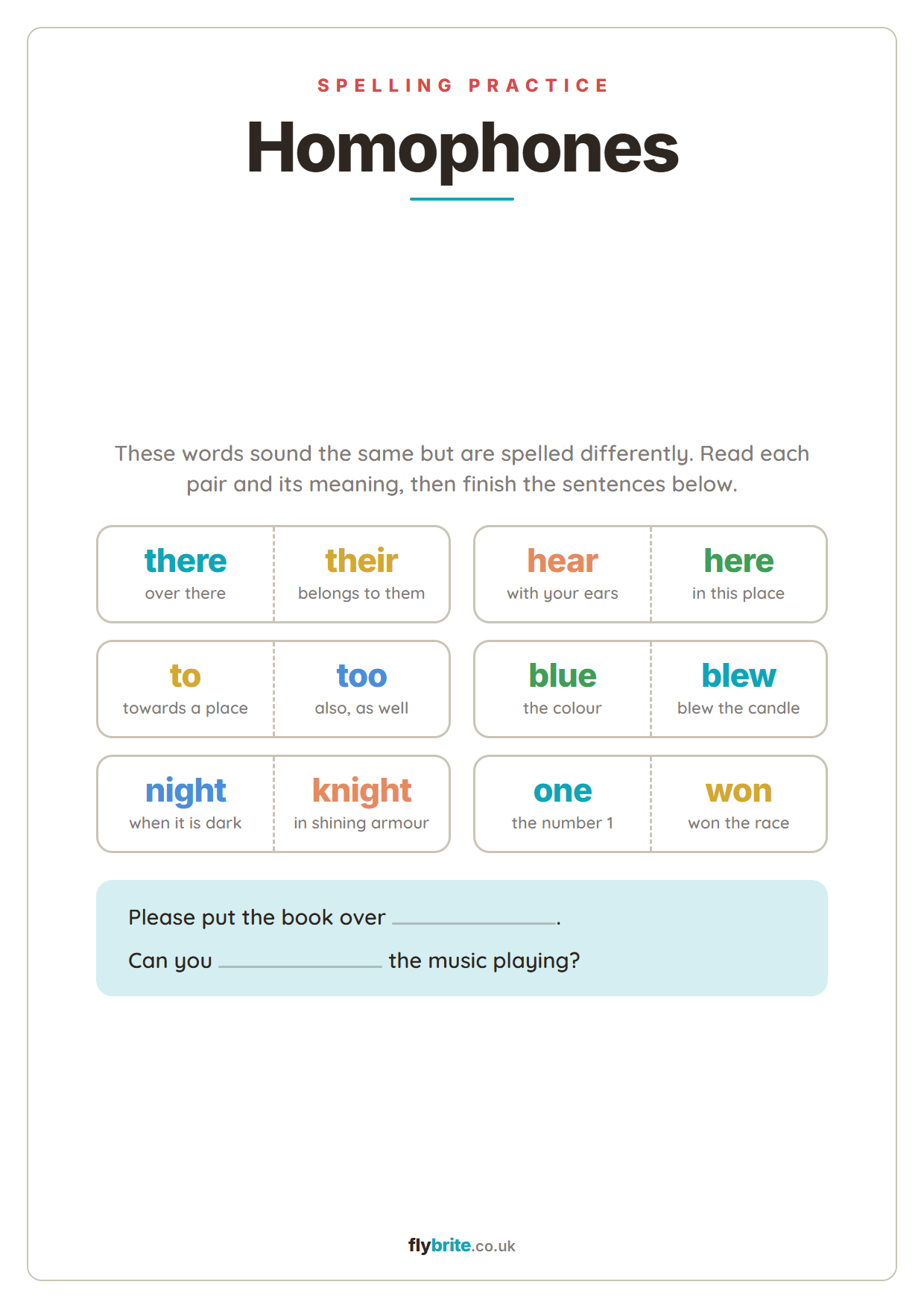 Homophones printable preview