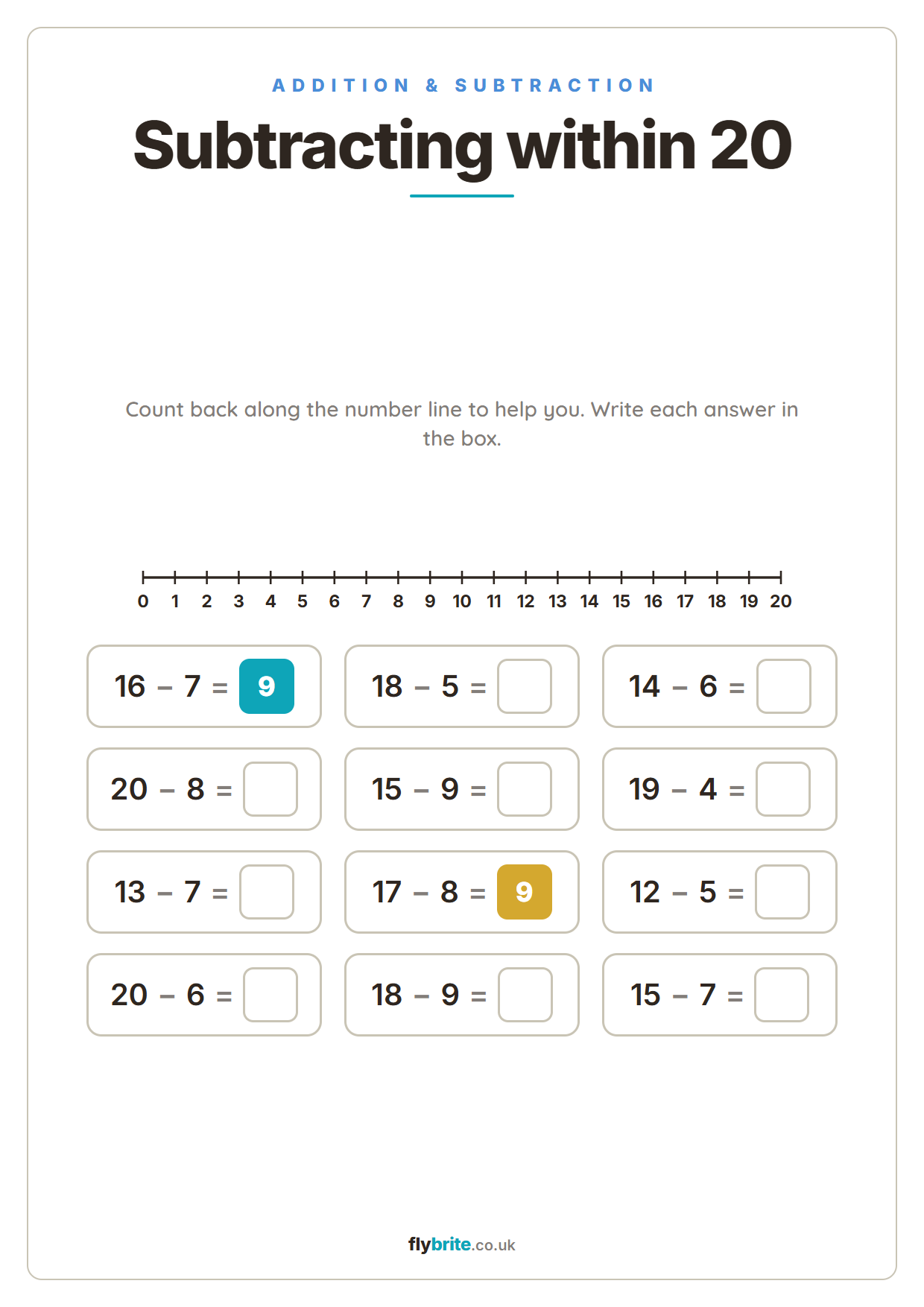 Subtracting within 20 printable preview