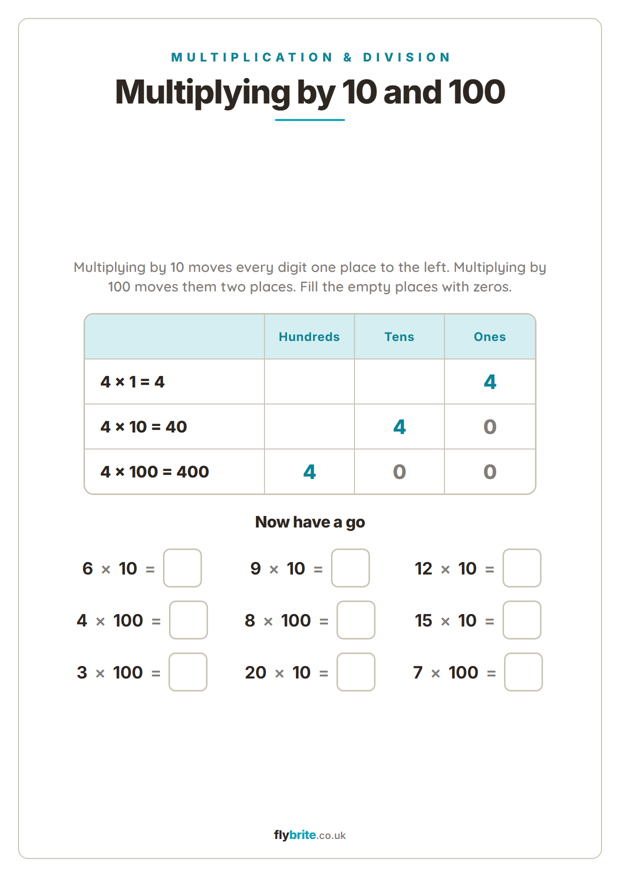 Multiplying by 10 and 100 printable preview