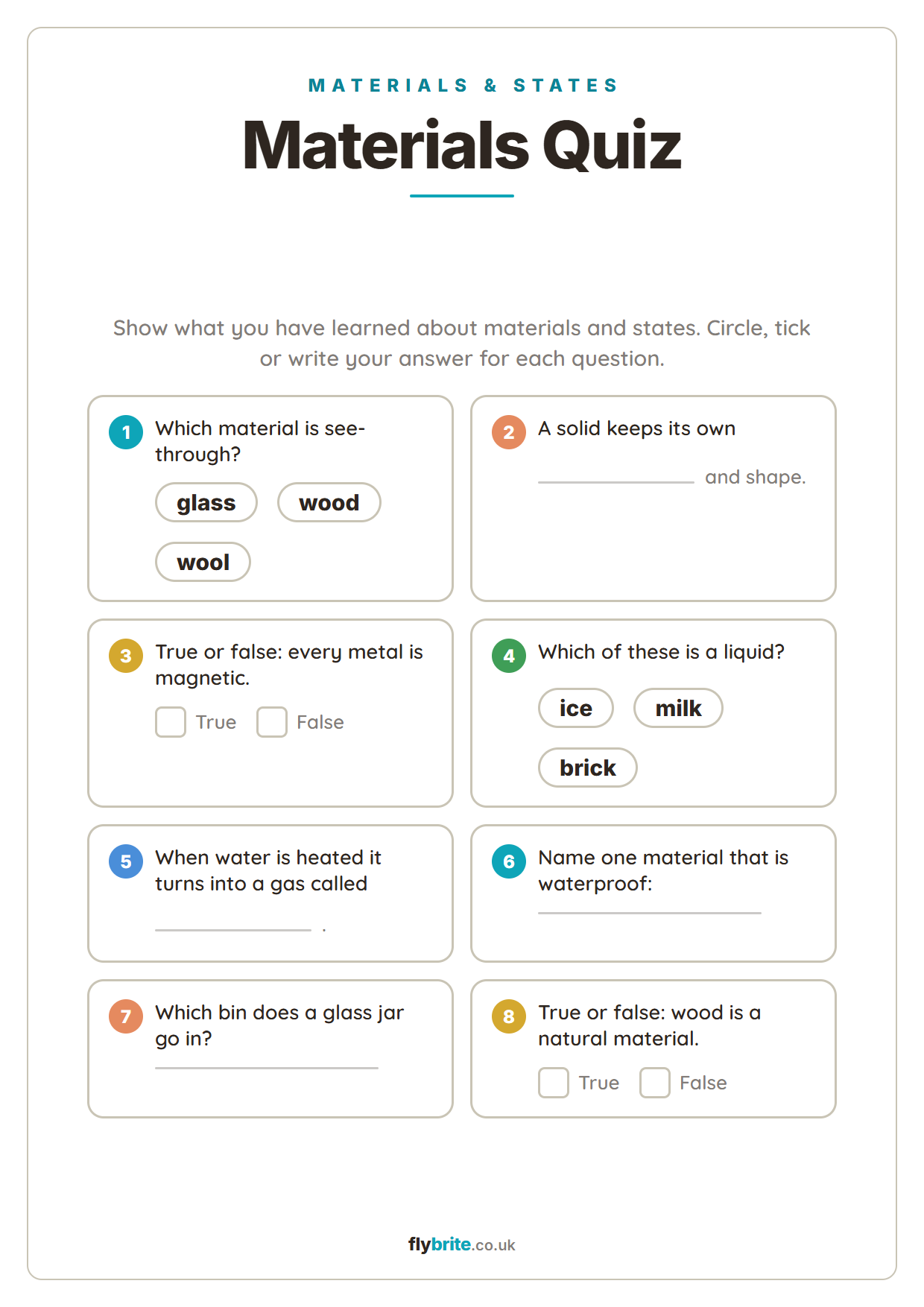 Materials Quiz printable preview