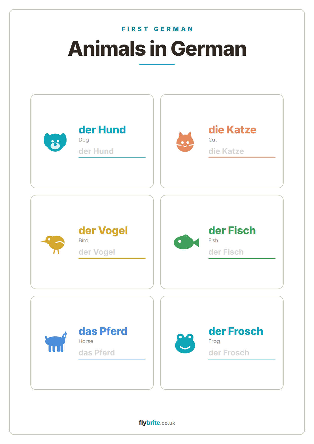 Animals in German printable preview