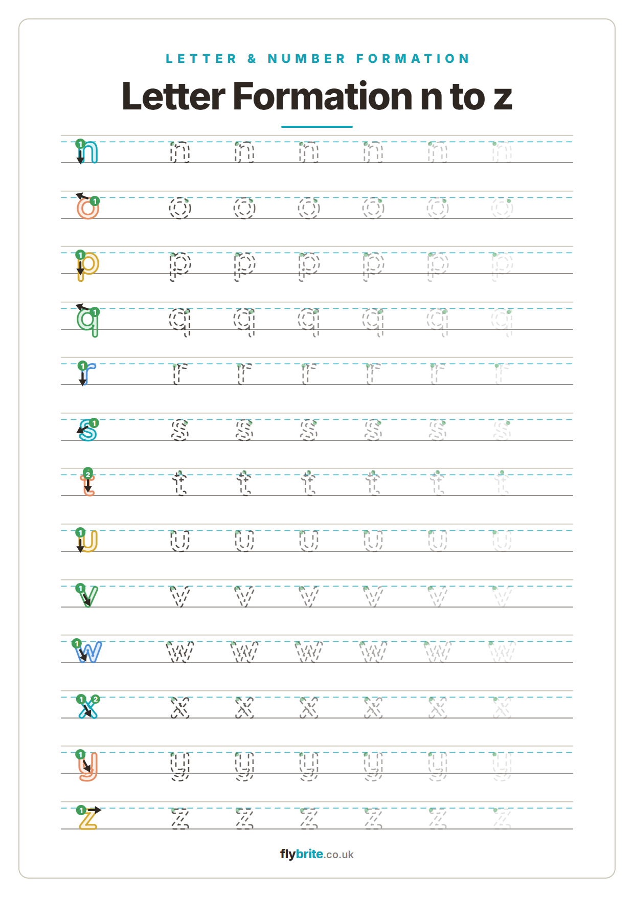 Letter Formation N to Z printable preview