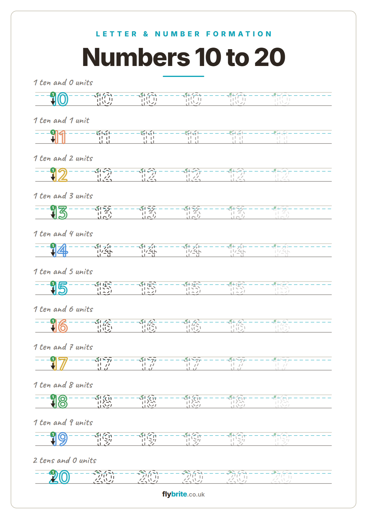 Numbers 10 to 20 printable preview