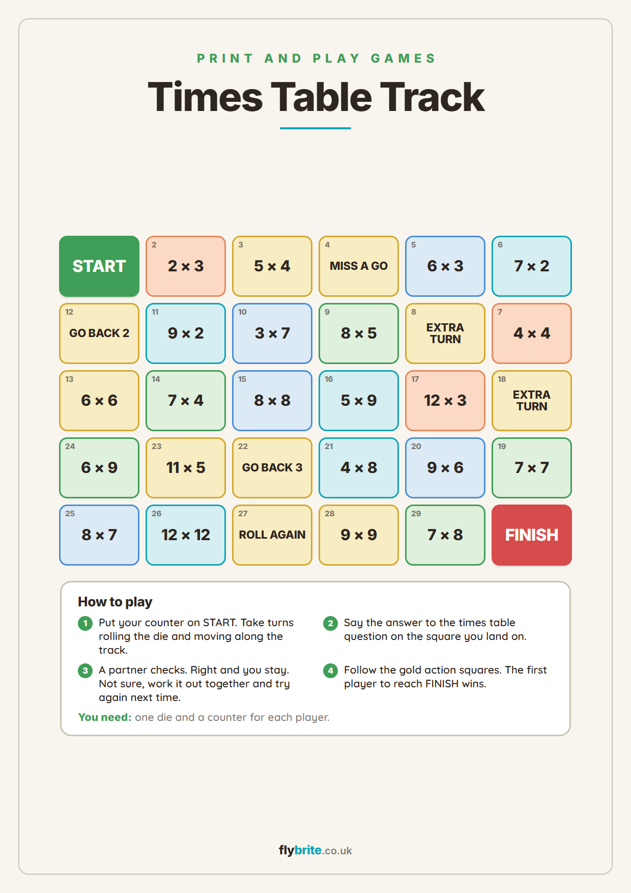 Times Table Track printable preview