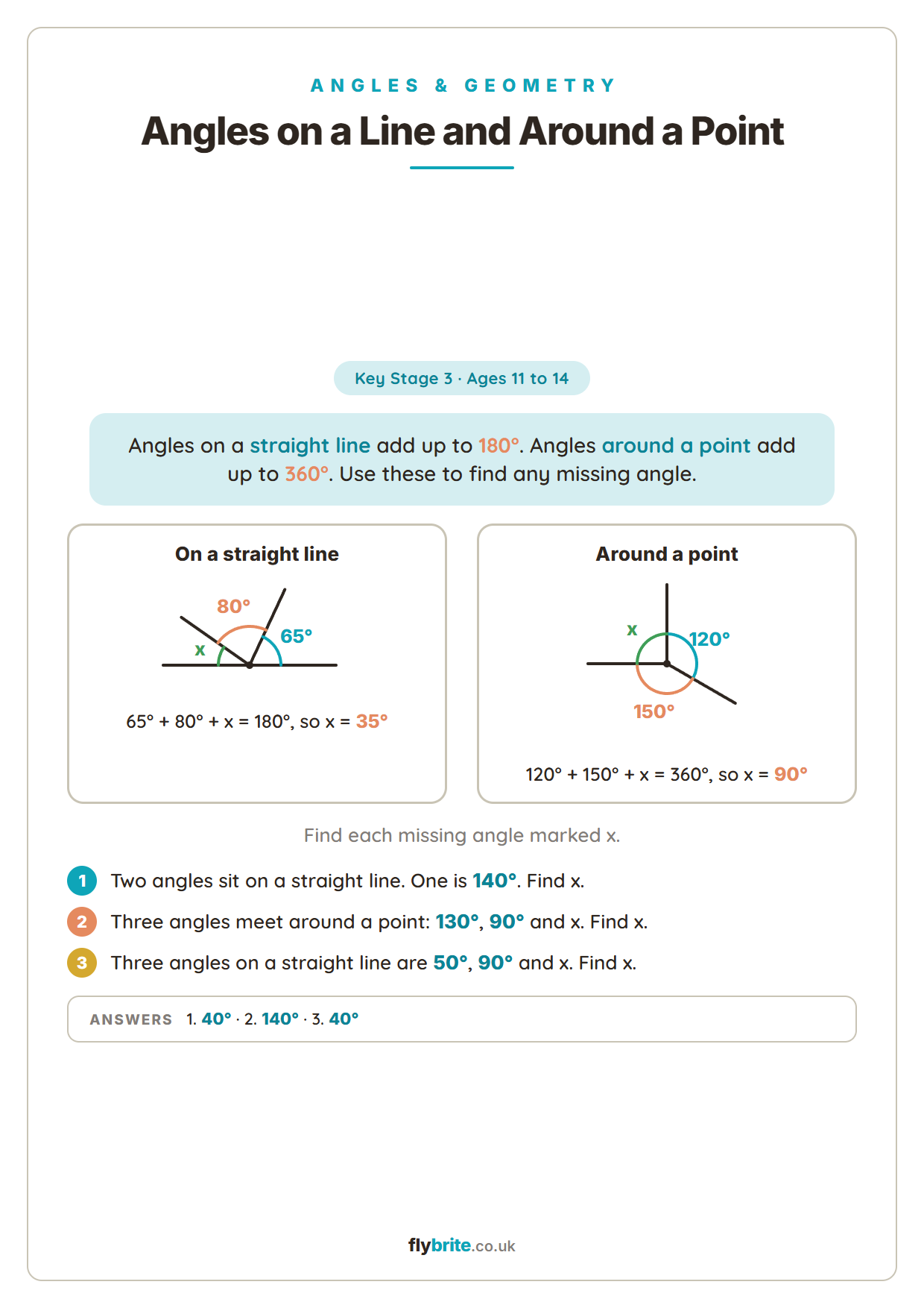 Angles on a Line and Around a Point printable preview