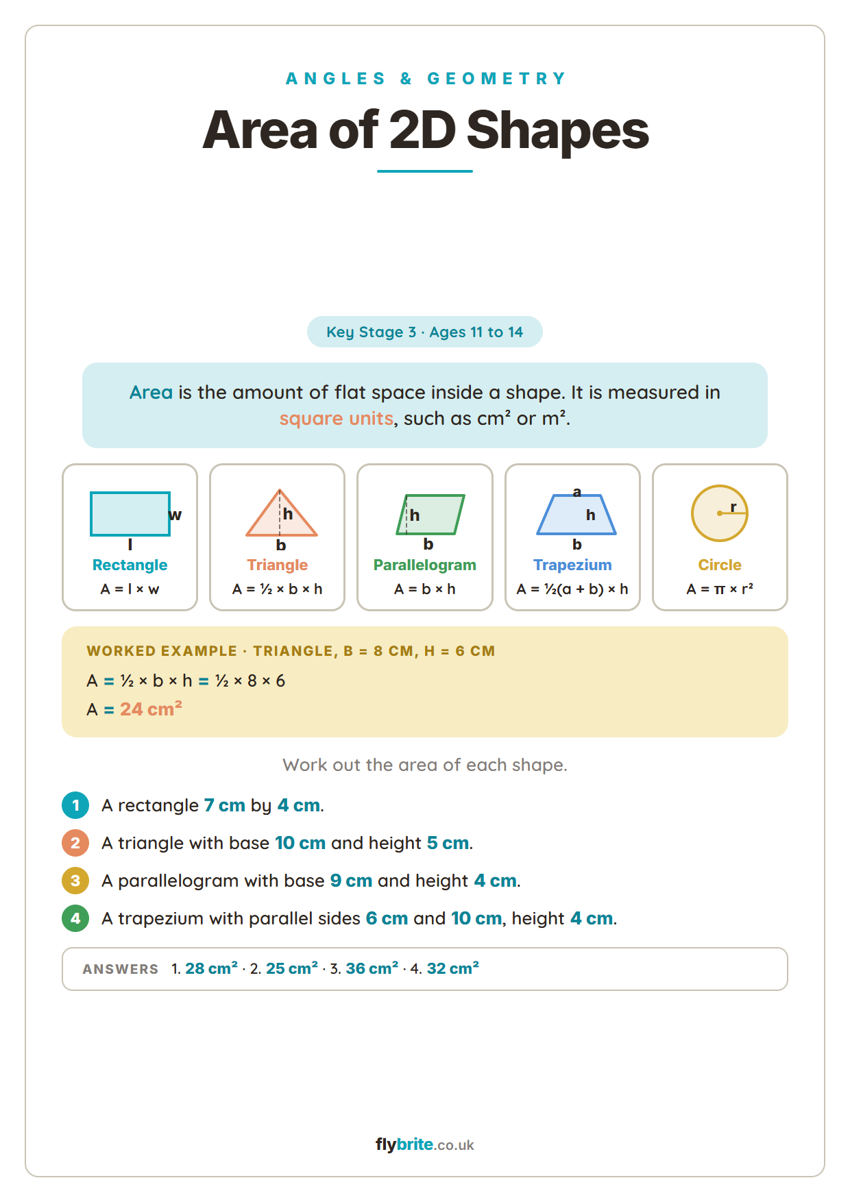 Area of 2D Shapes printable preview