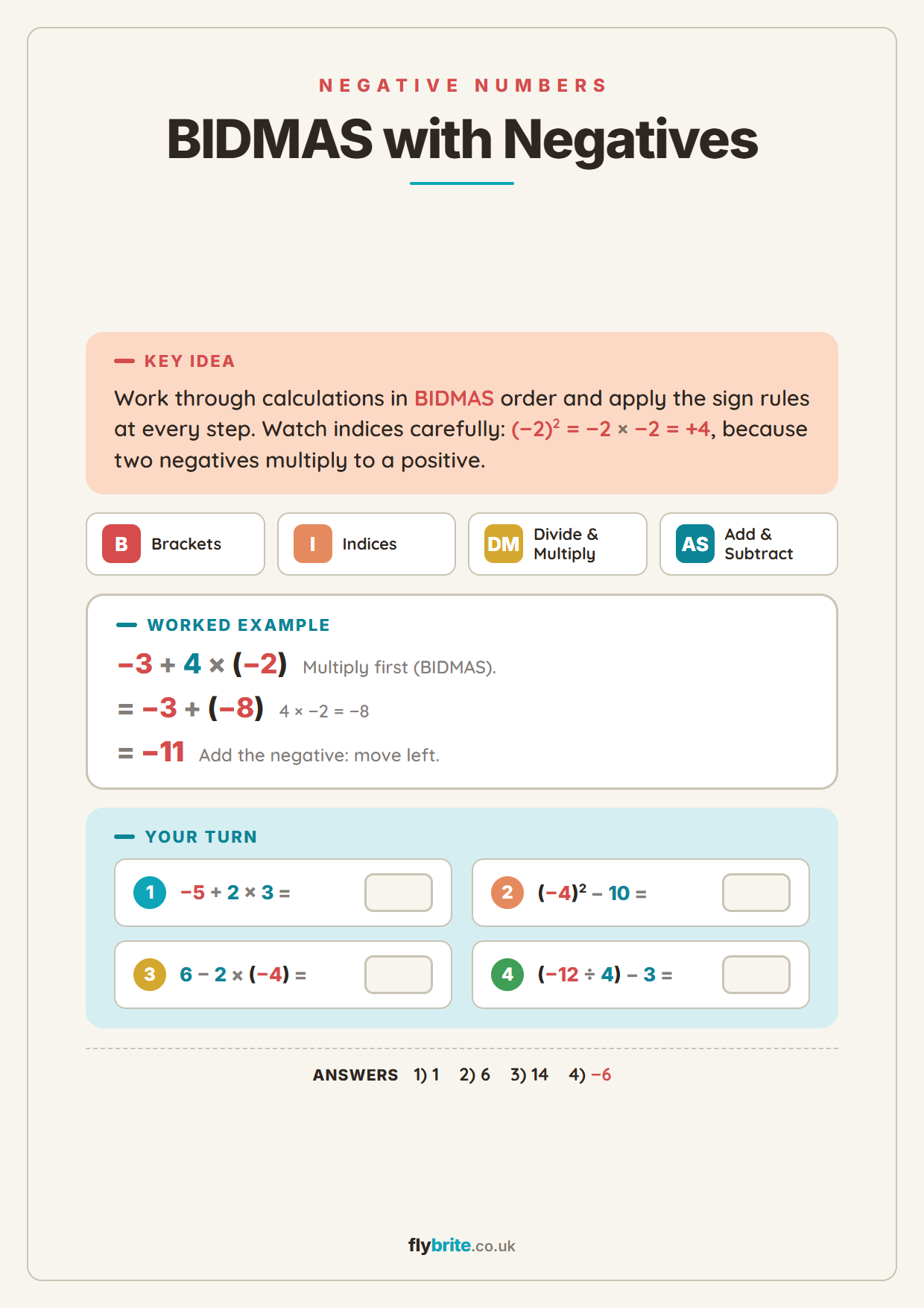 BIDMAS with Negatives printable preview