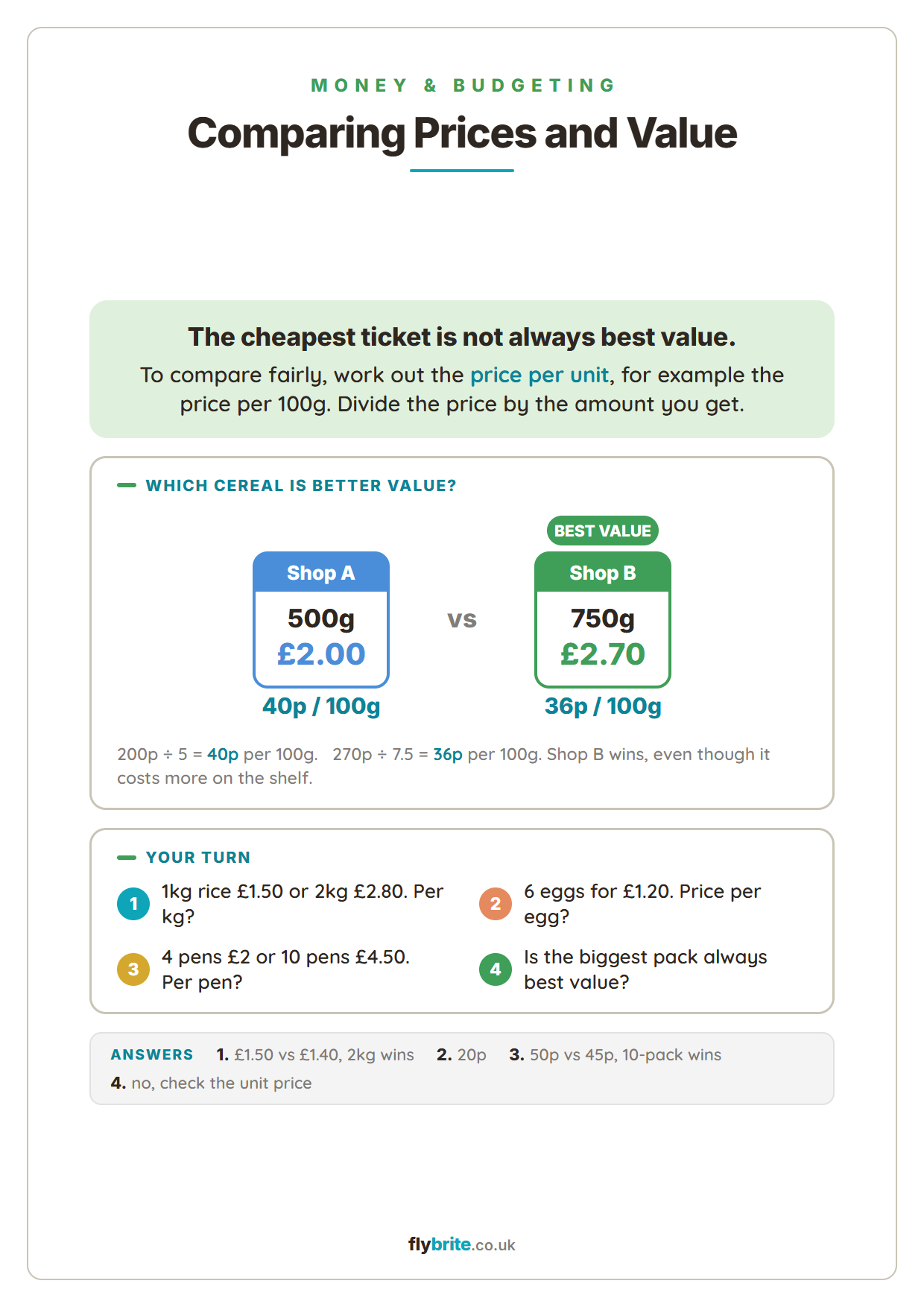 Comparing Prices and Value printable preview